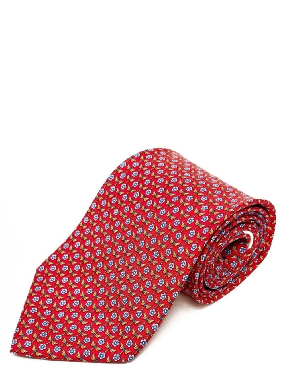 Salvatore Ferragamo Silk Neck Tie Dragonflies & Flowers Red Blue Necktie EUC